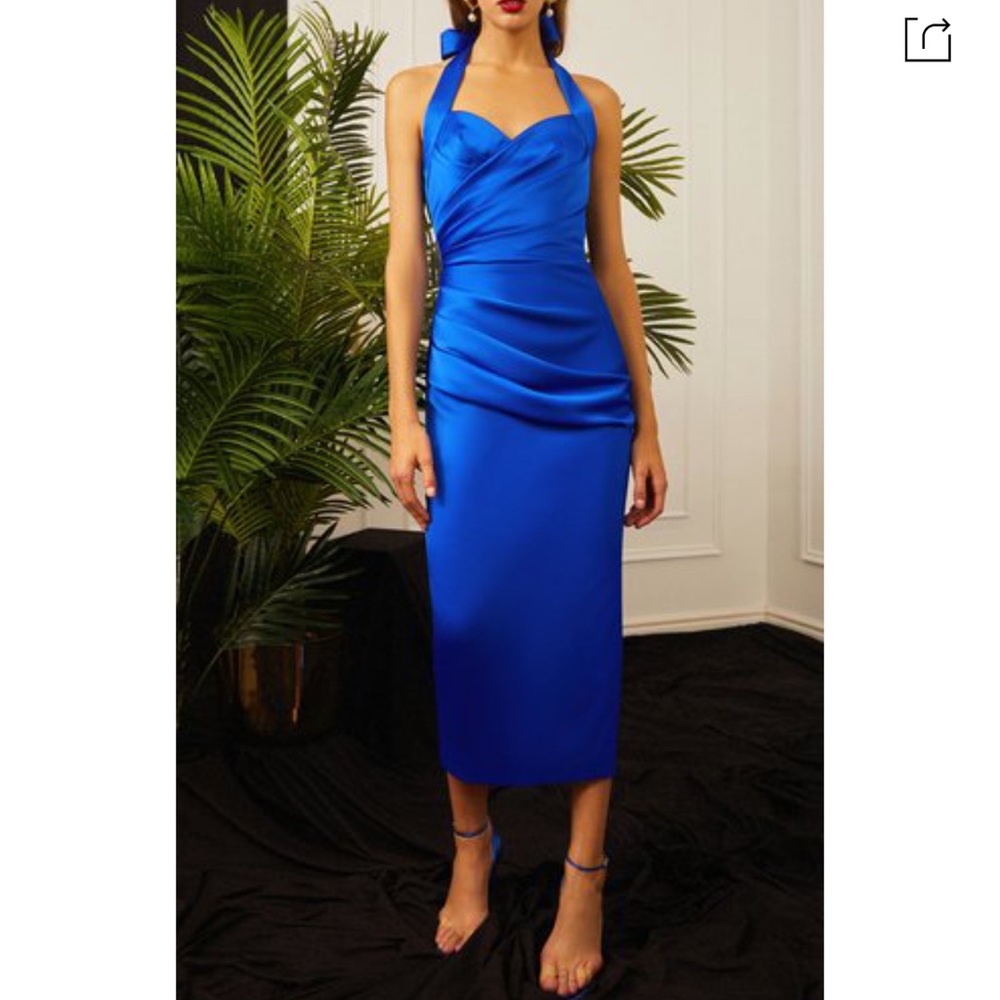 ‼️ SOLD‼️Rasario Draped Satin Halter Neck Sheath Dress